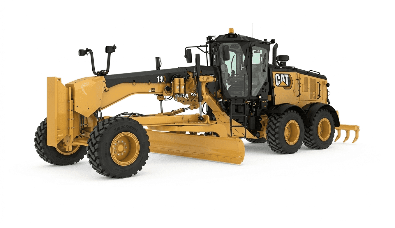 Yellow construction grader with six wheels