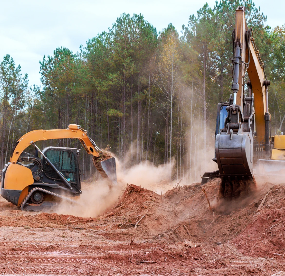 Bulldozers moving earth in wooded area