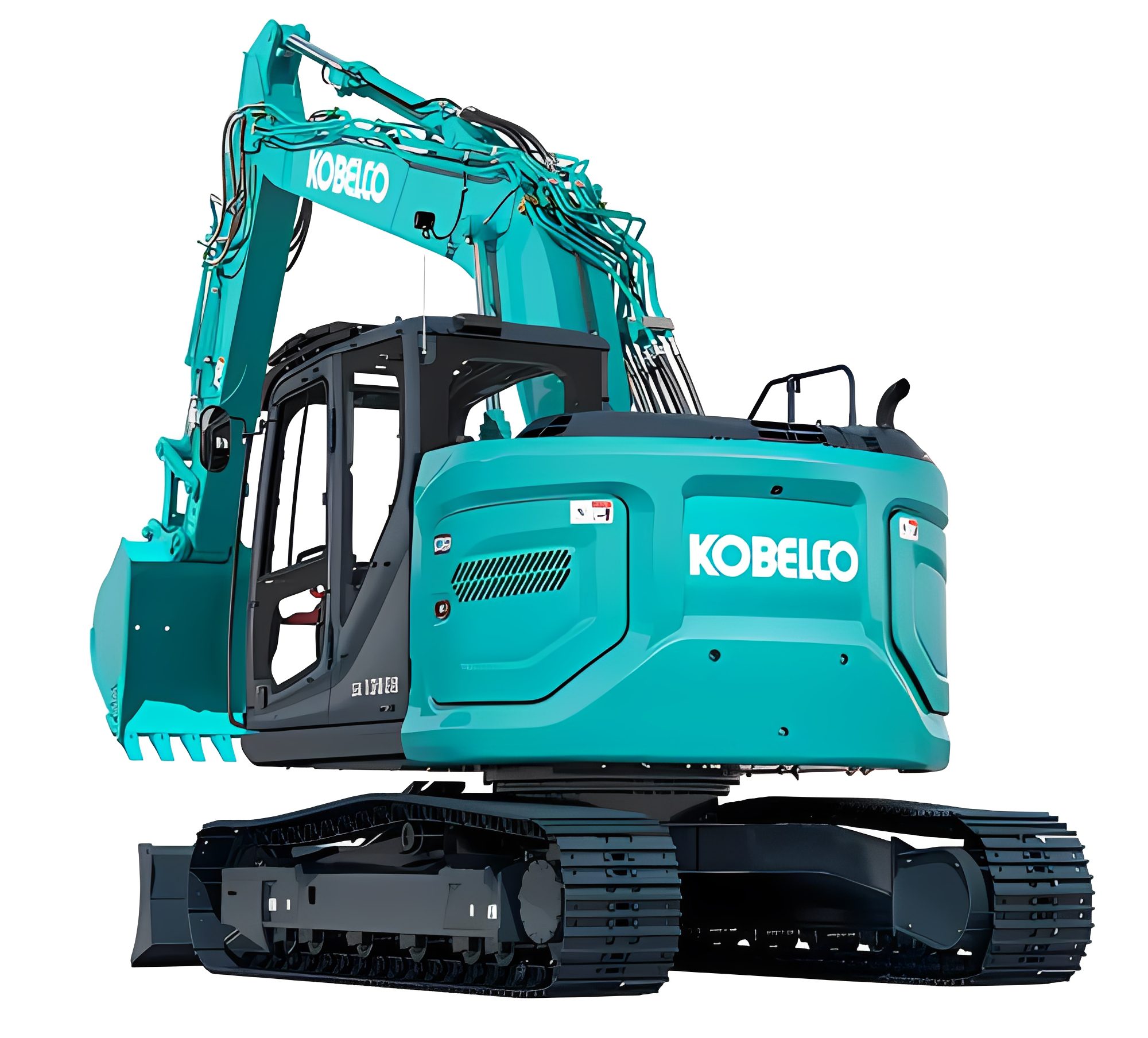 Blue Kobelco excavator on white background