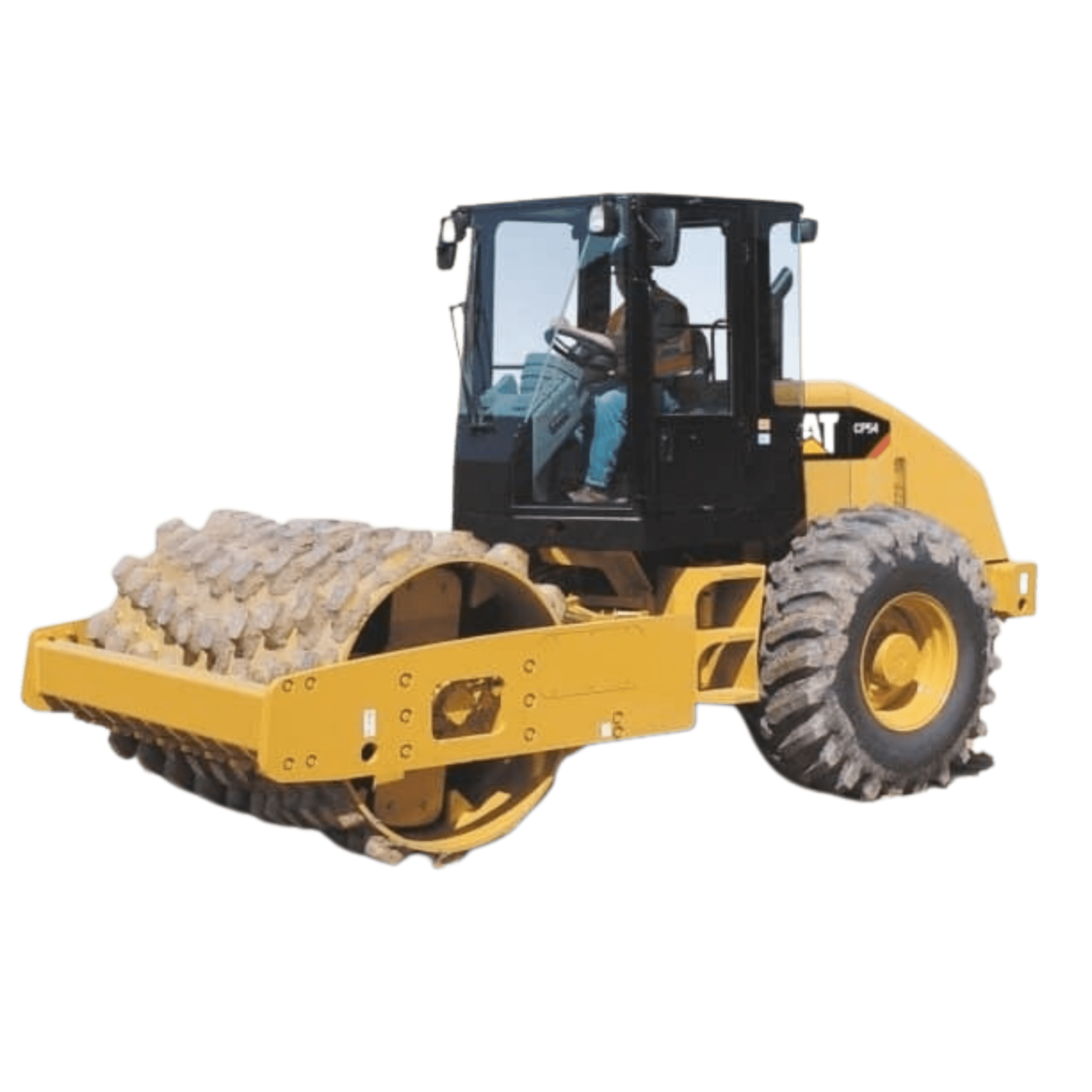 Yellow construction vehicle with spiked roller.