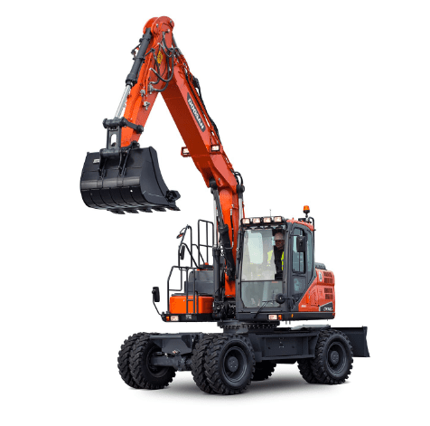 Orange wheeled excavator with raised arm.