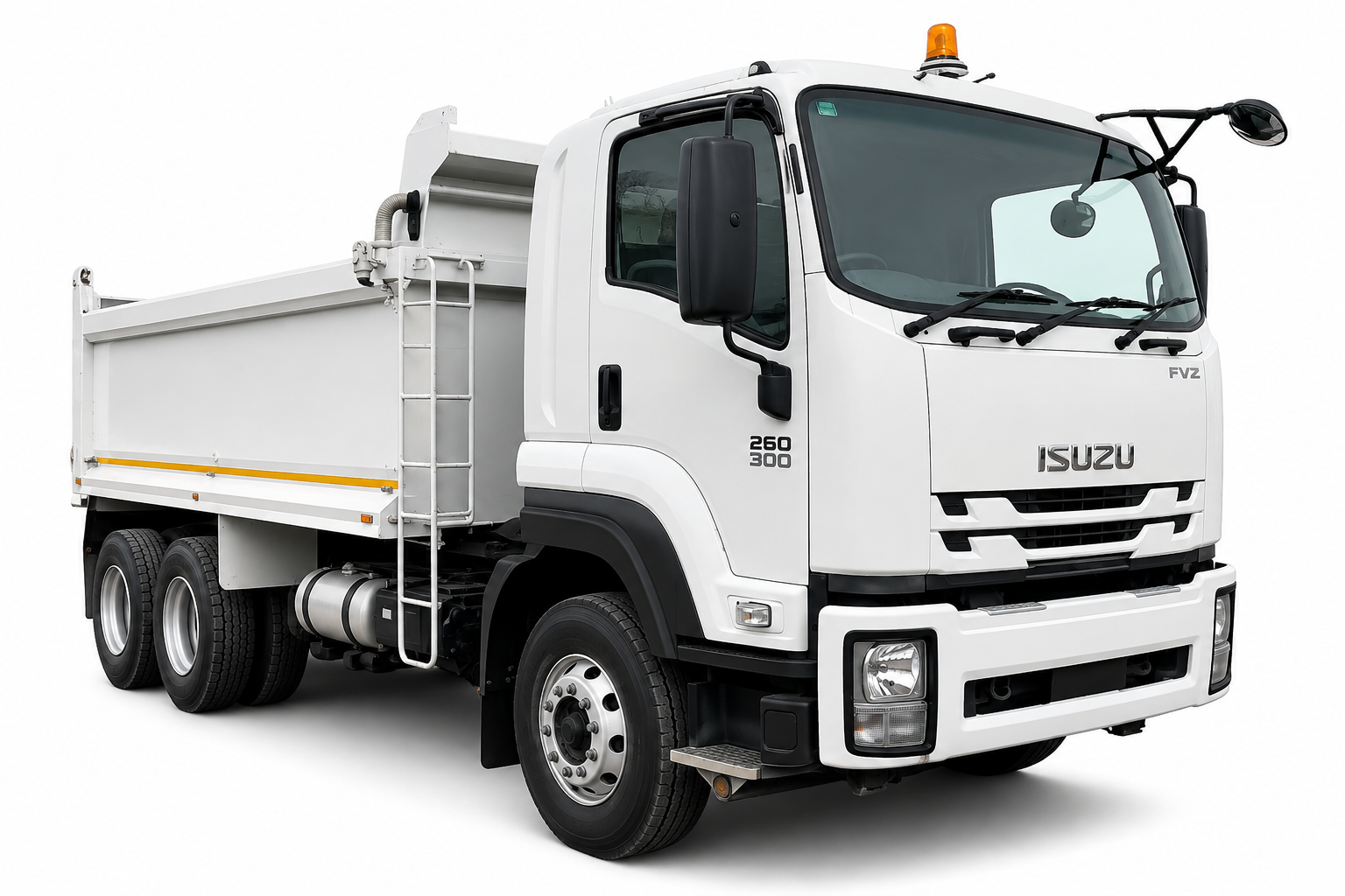 White Isuzu dump truck with amber beacon
