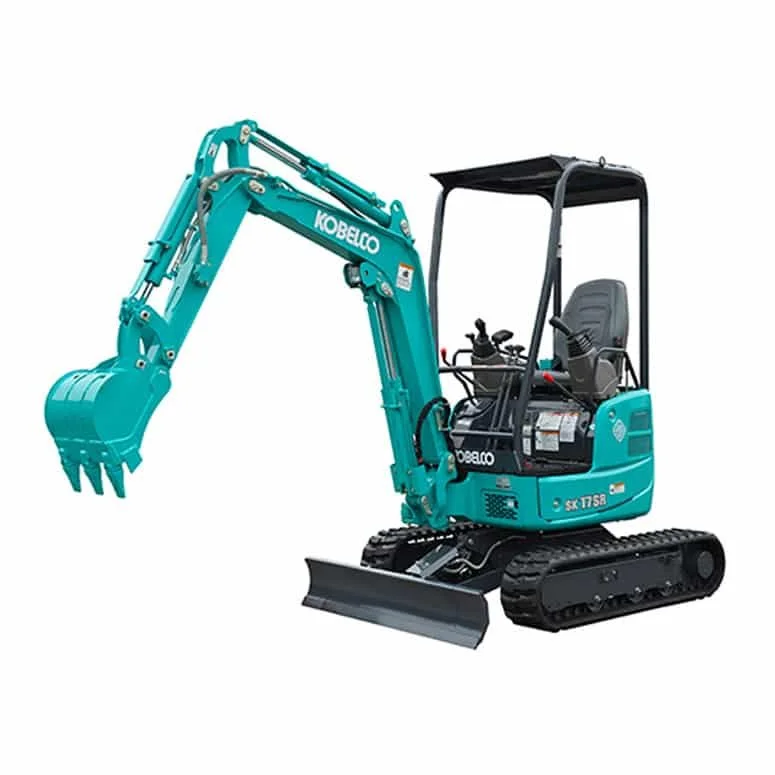 Blue mini excavator with tracked wheels.