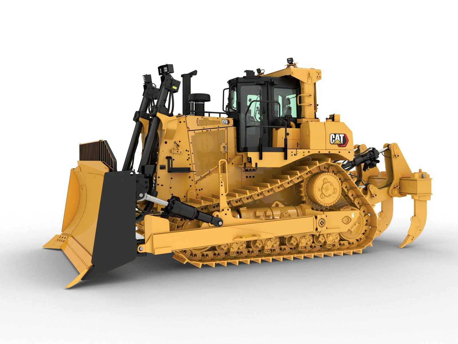 Yellow bulldozer with tracks and blade attachment.