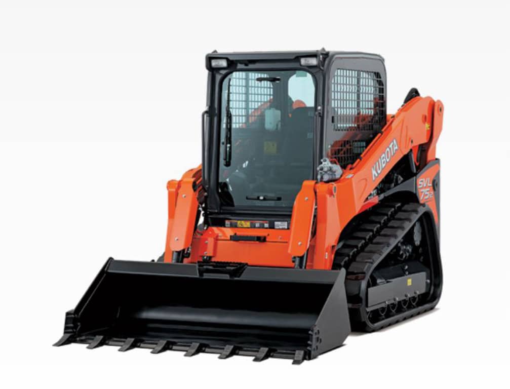 Orange skid steer loader with front bucket.