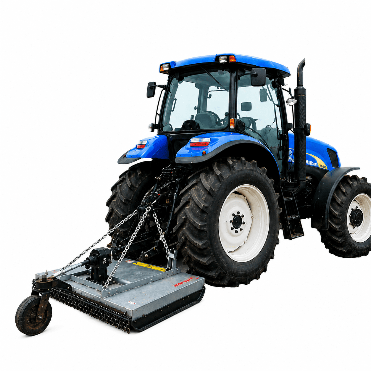 Blue tractor with large tires and attachment.