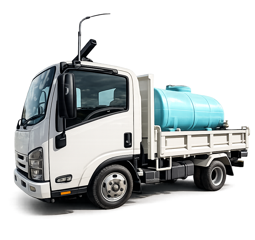 White flatbed truck carrying turquoise water tank