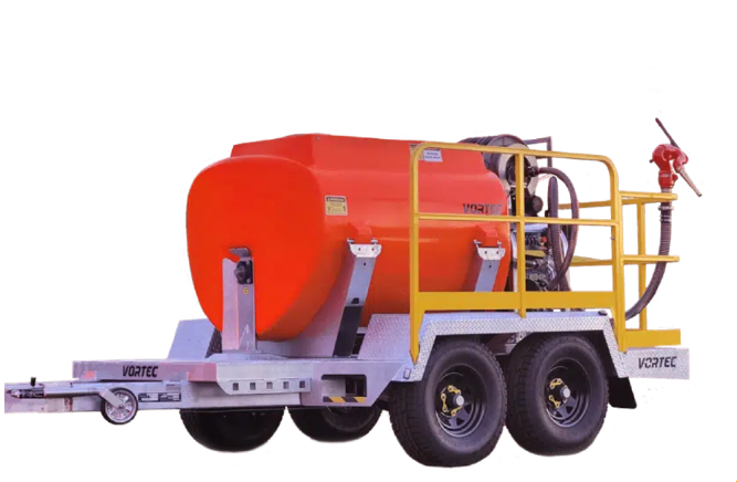 Orange cylindrical tank trailer with yellow railing